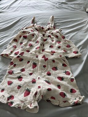 Girls White Strawberry Print Matching Set - Tank Top & Shorts